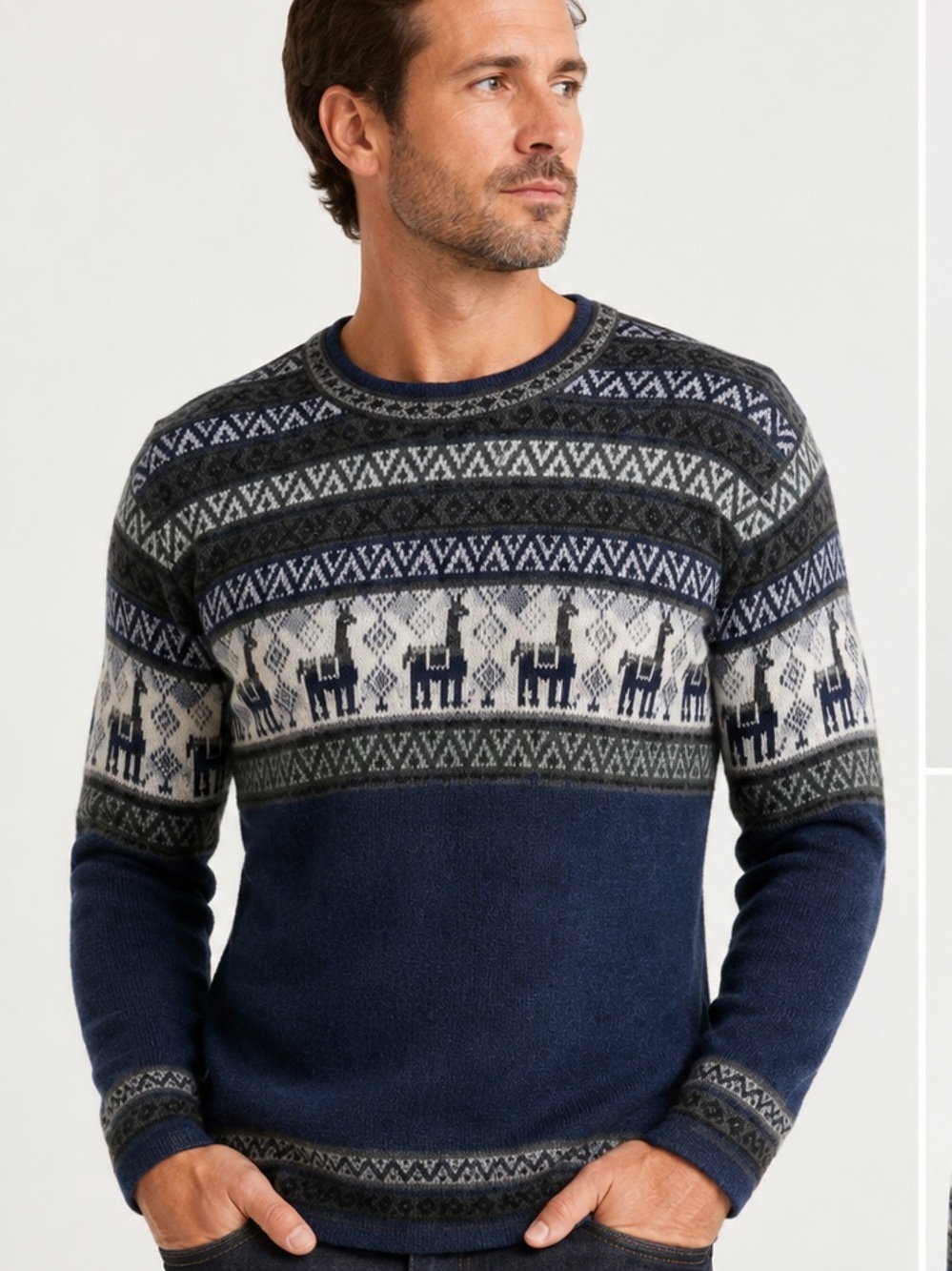 Kuri Artesanias Men’s XL Peruvian Wool Llama Fair Isle Inca Sweater Blue
